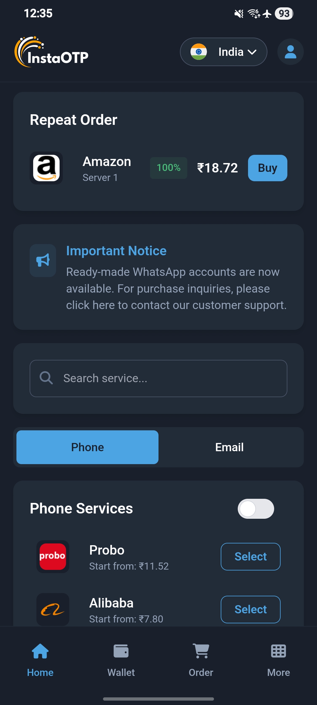 InstaOTP Number Selection - 1000+ Services Support