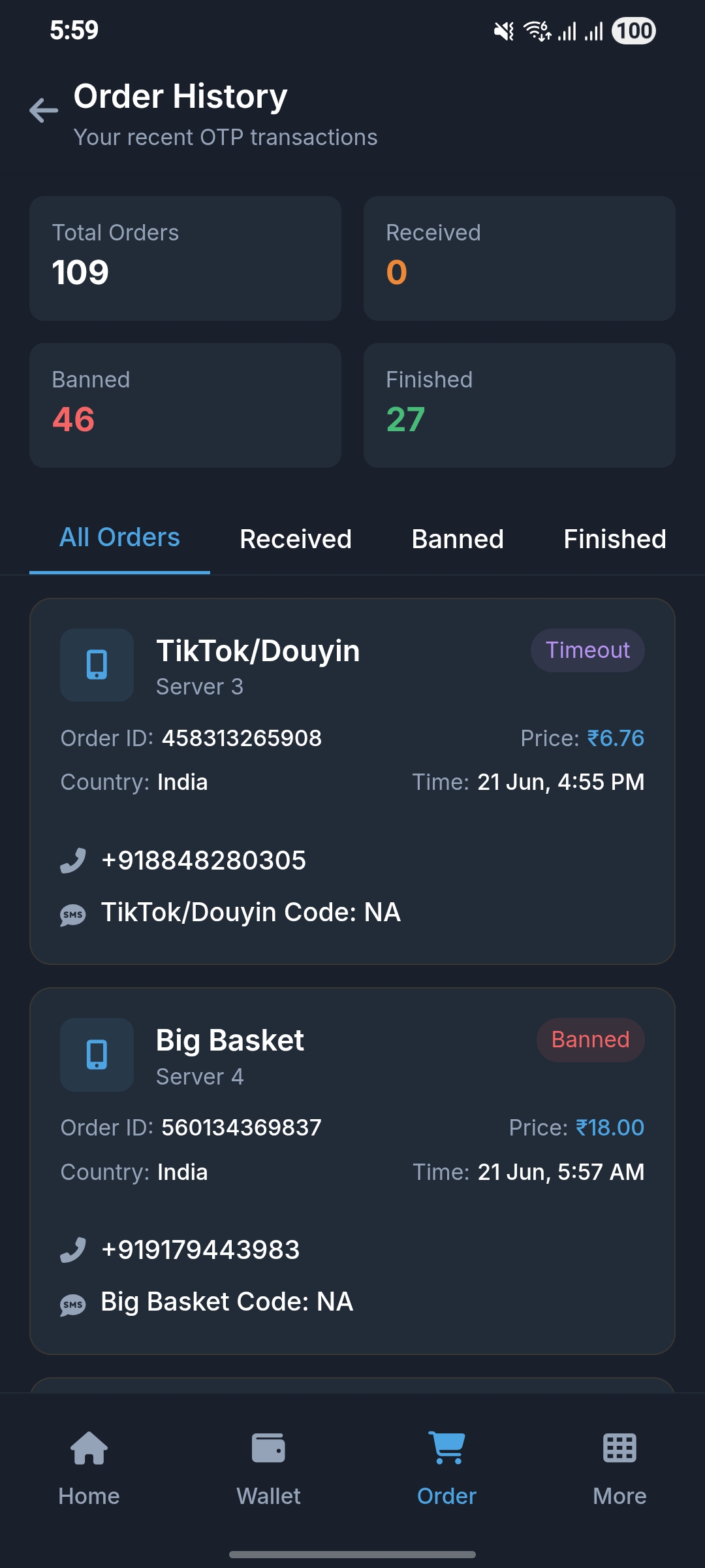 InstaOTP Orders - Virtual Number History